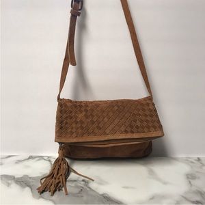 Springfield Tan Suede Woven Leather Basketweave Crossbody Bag